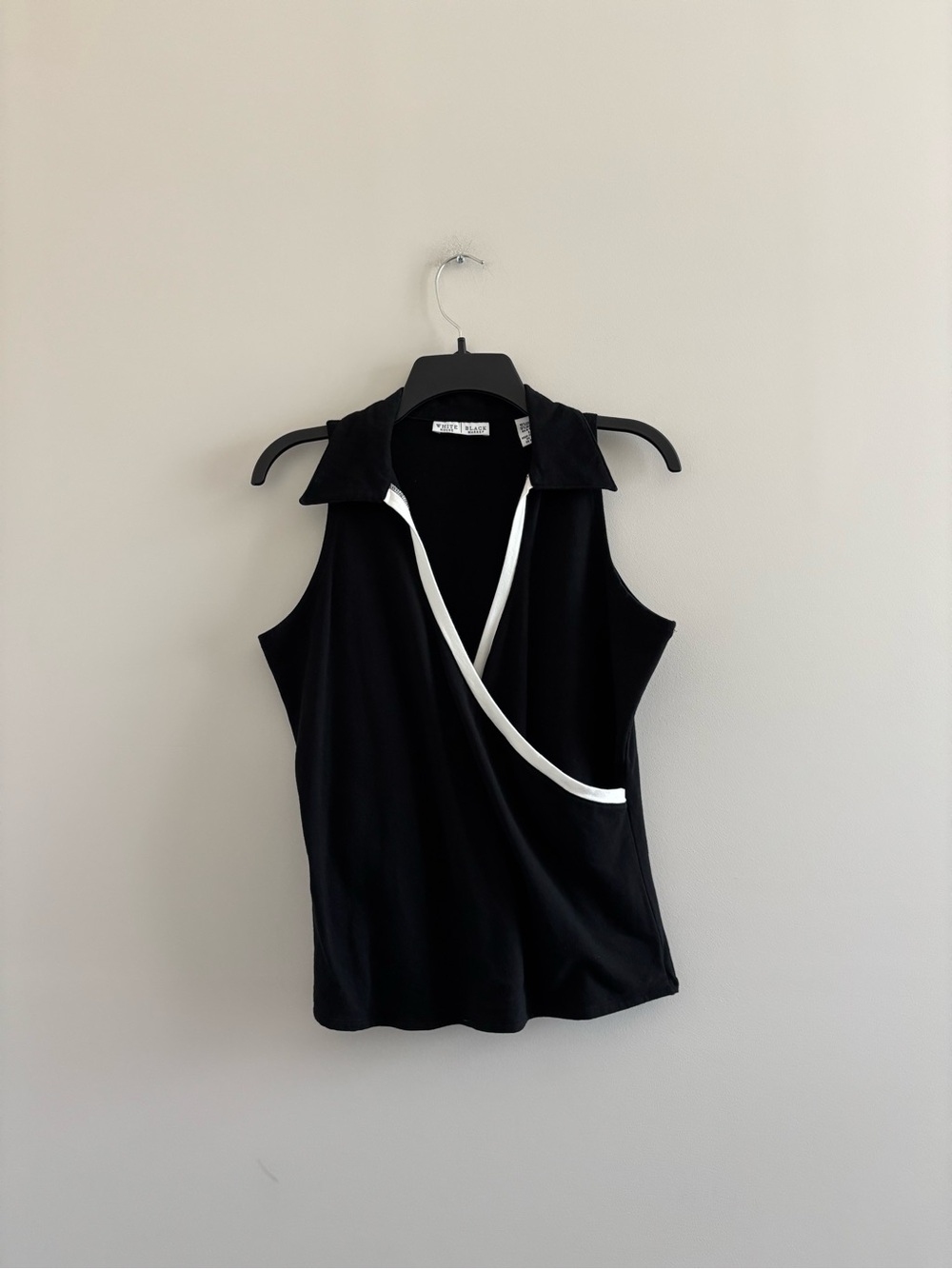 VTG White House Black Market Wrap Top Black White Trim Womens L Y2K Preppy